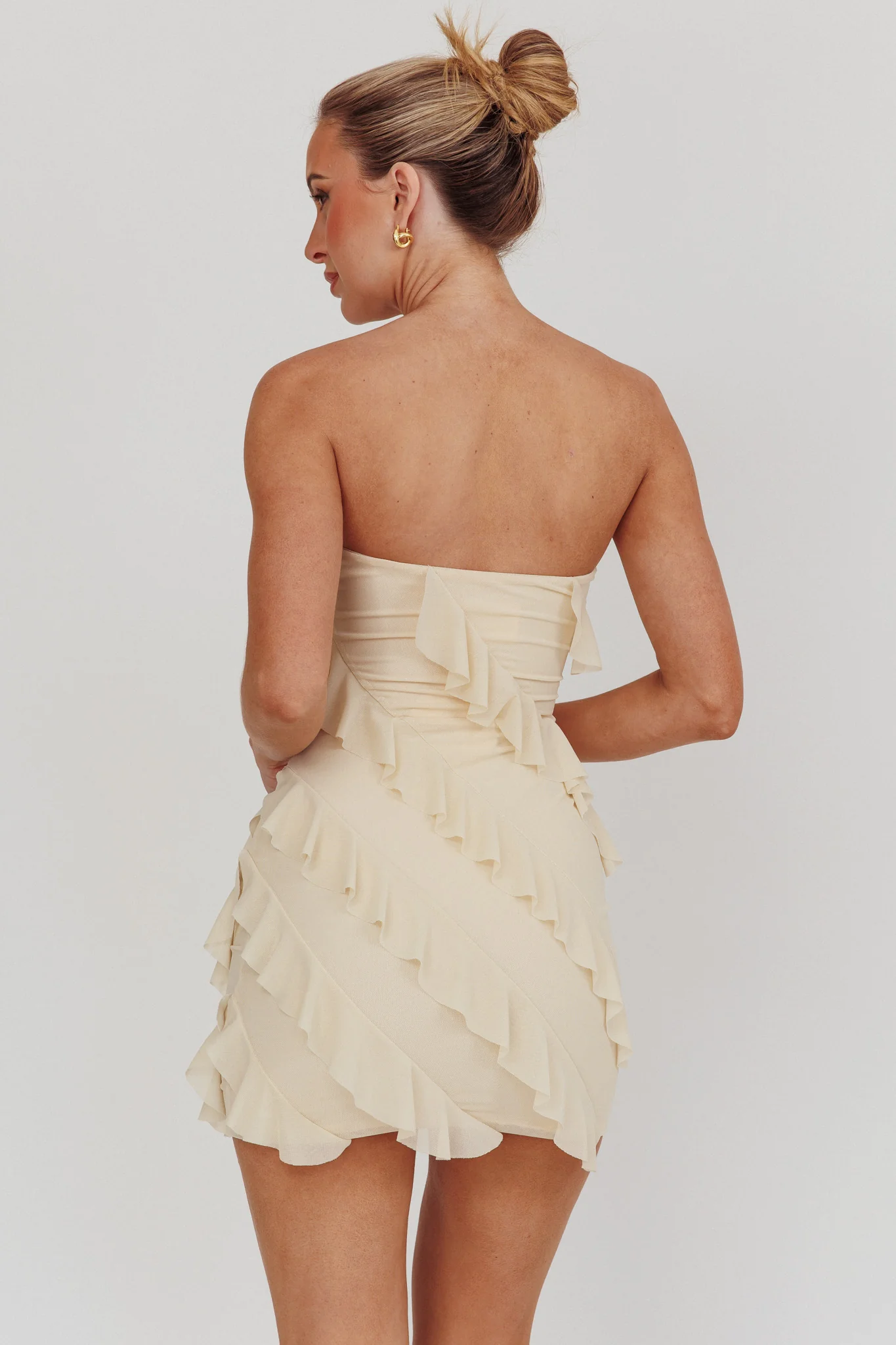 Gold Stars Strapless Ruffle Mini Dress Beige - Image 3