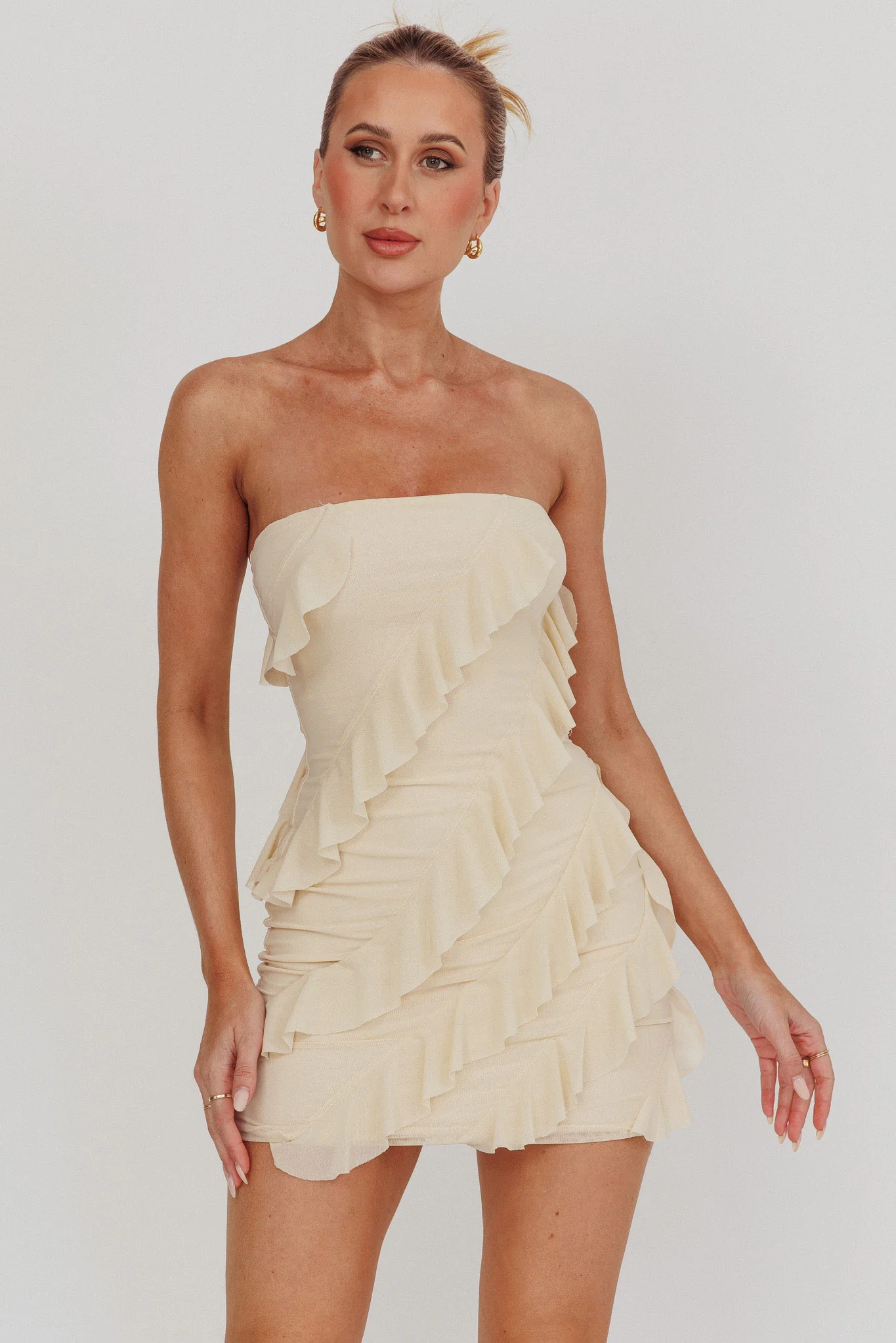 Gold Stars Strapless Ruffle Mini Dress Beige - Image 6