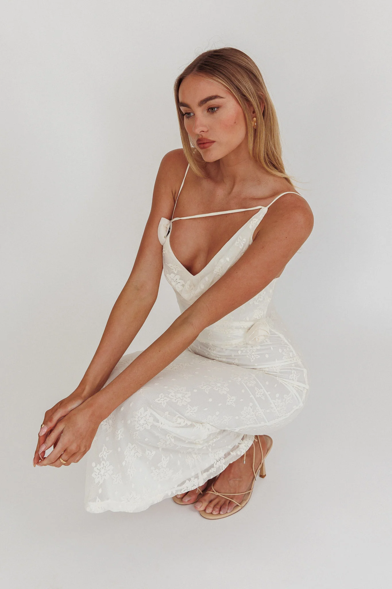 Golden Glow Rosette Cowl Neck Maxi Dress Beige - Image 2