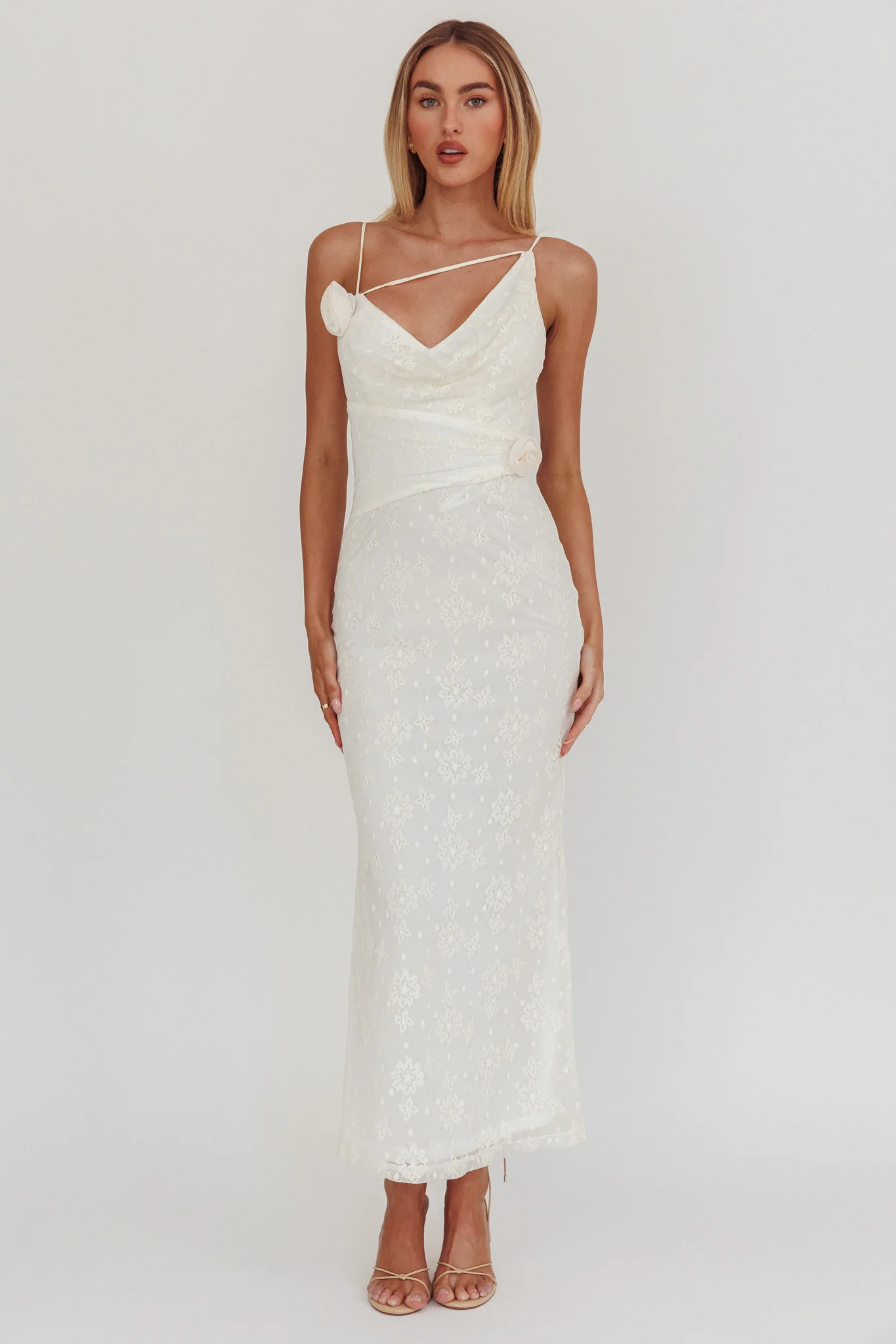 Golden Glow Rosette Cowl Neck Maxi Dress Beige - Image 5