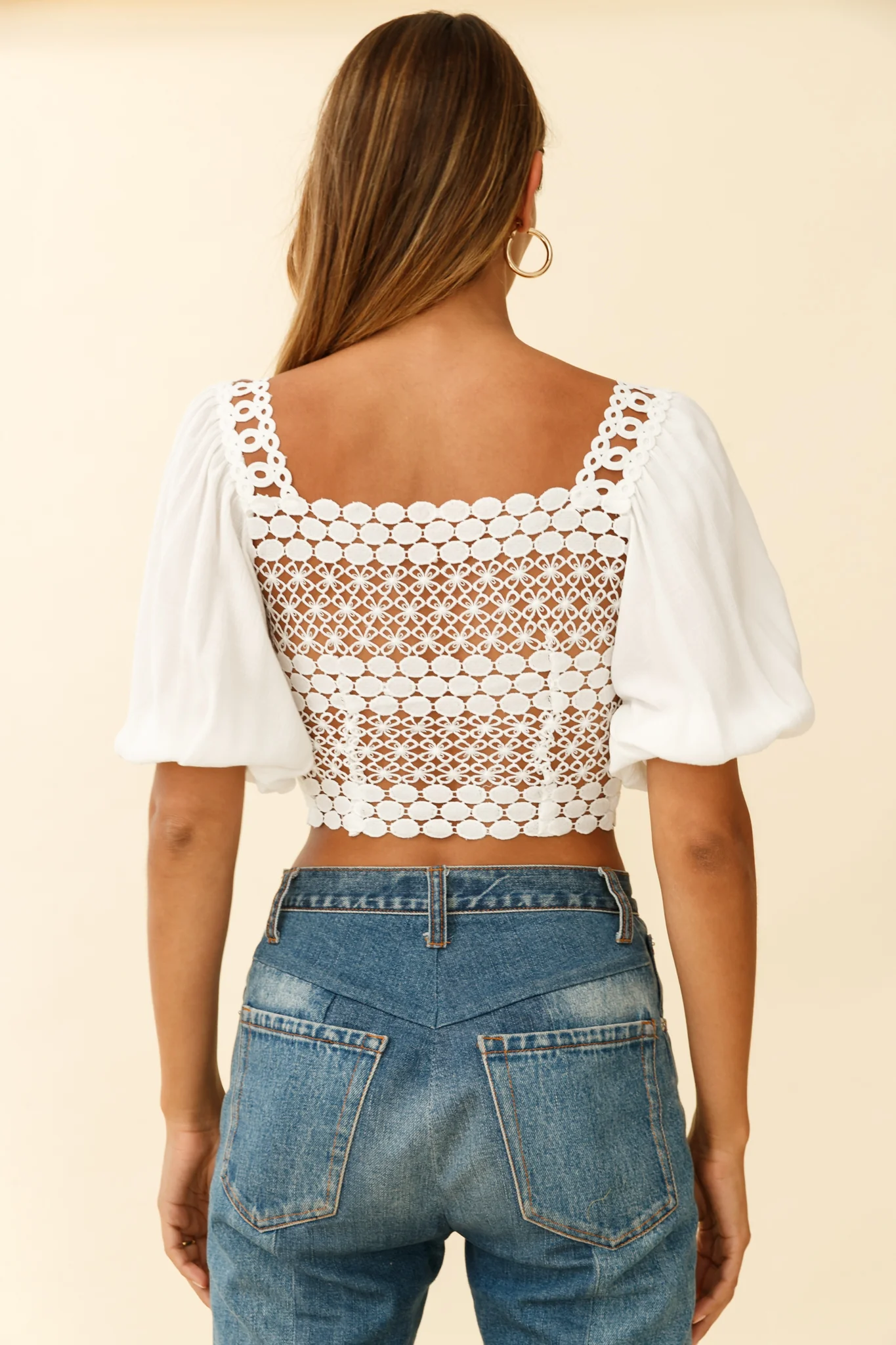 Golden Hour Lace-Up Front Crochet Crop Top White - Image 2