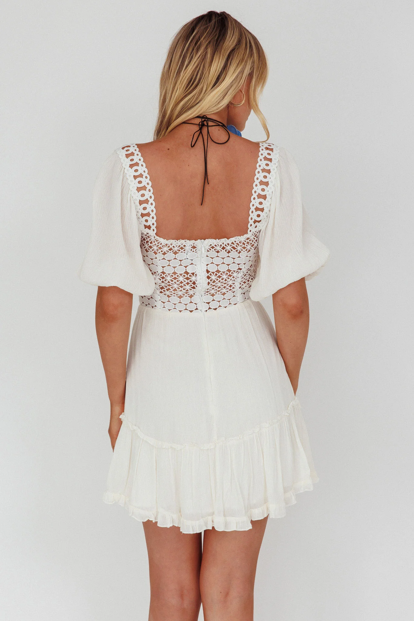 Golden Hour Lace-Up Front Crochet Dress White - Image 2