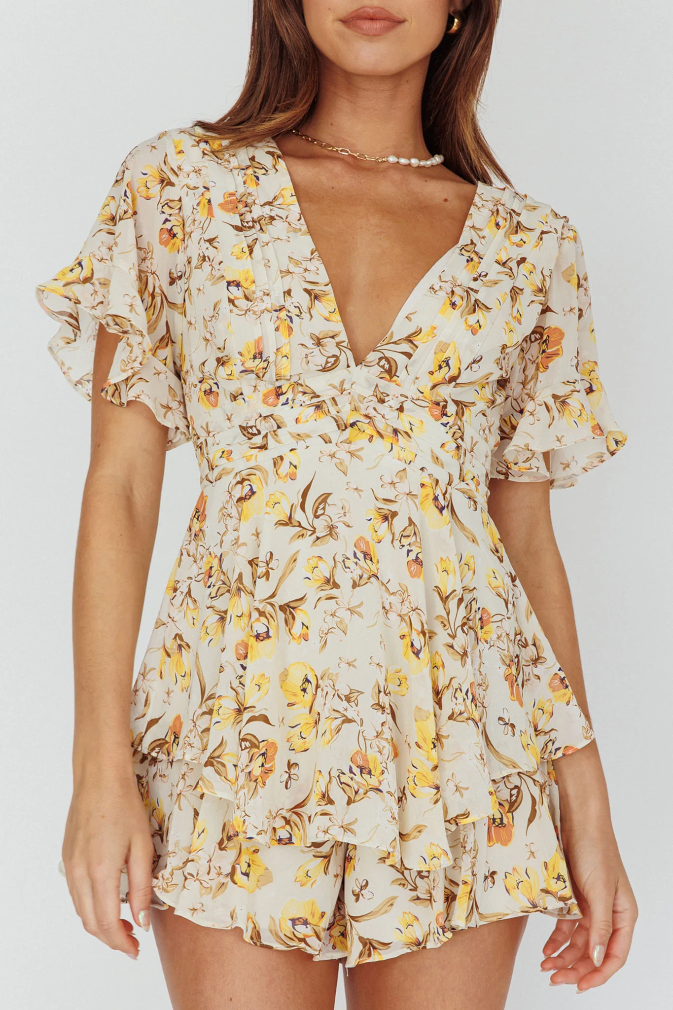 Golden Light Pintuck Pleat Romper Floral Beige - Image 4