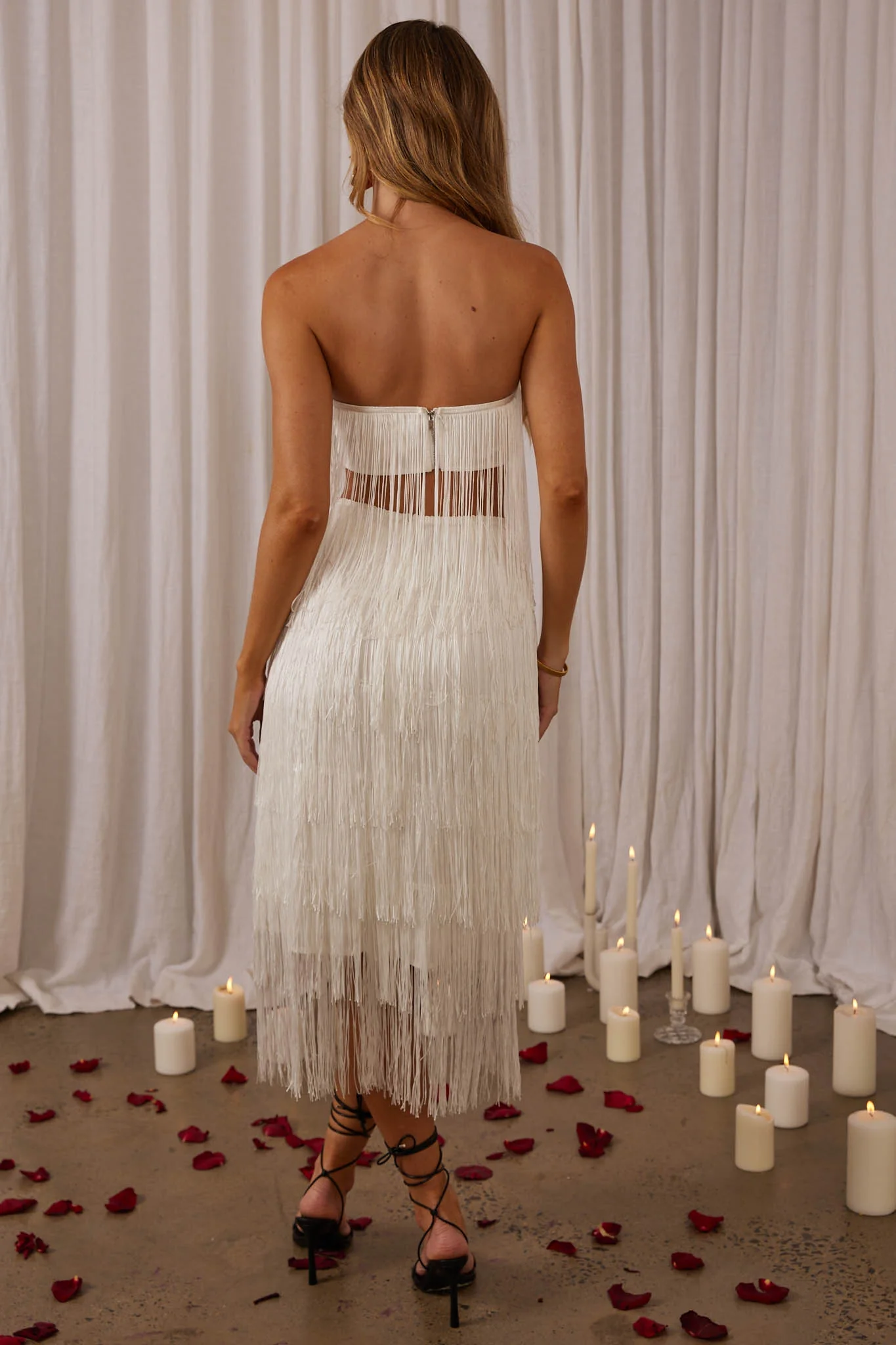 Golden Nights Tiered Fringe Midi Skirt White - Image 3