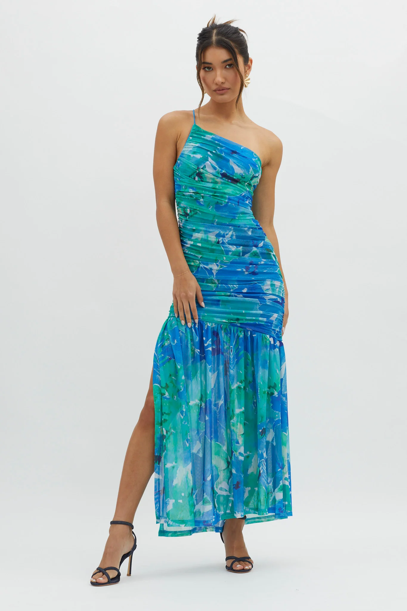 Golden Sun One-Shoulder Ruched Maxi Dress Green - Image 5