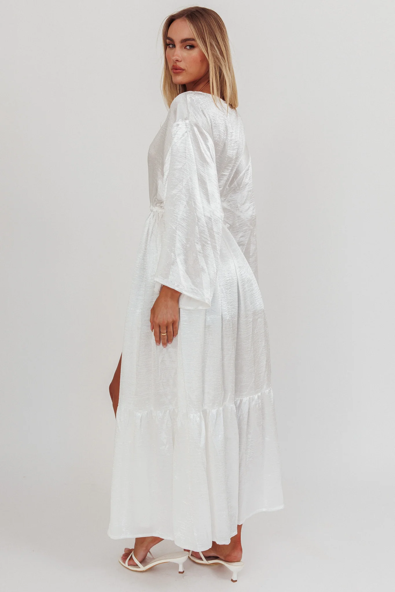 Good Advice Drawstring Waist Satin Robe Pearl - Image 2
