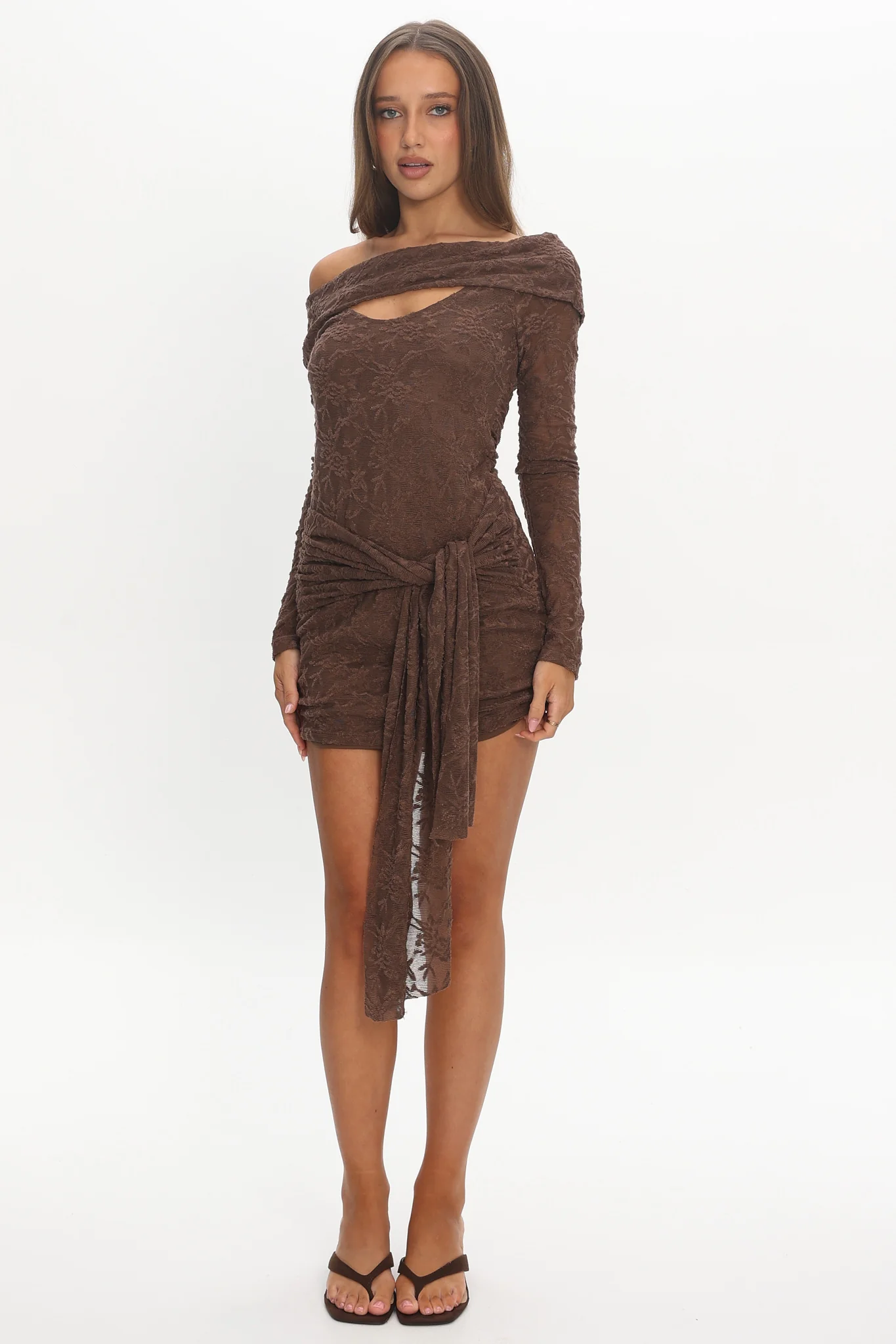 Good Girl Off-Shoulder Long Sleeve Mini Dress Chocolate - Image 2