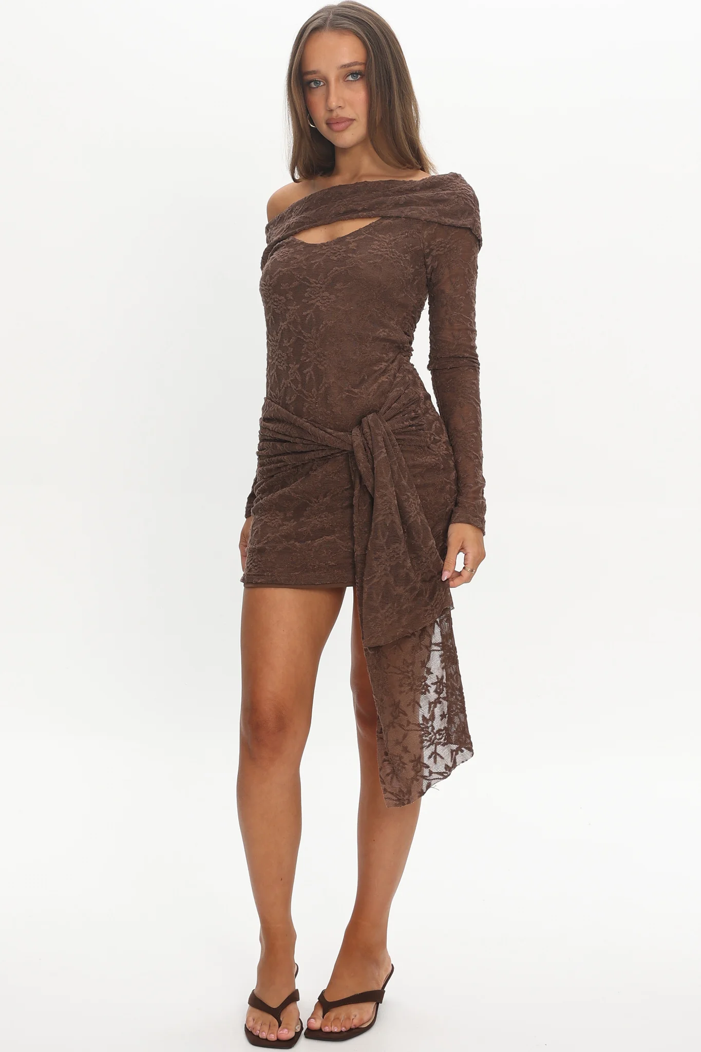 Good Girl Off-Shoulder Long Sleeve Mini Dress Chocolate - Image 5