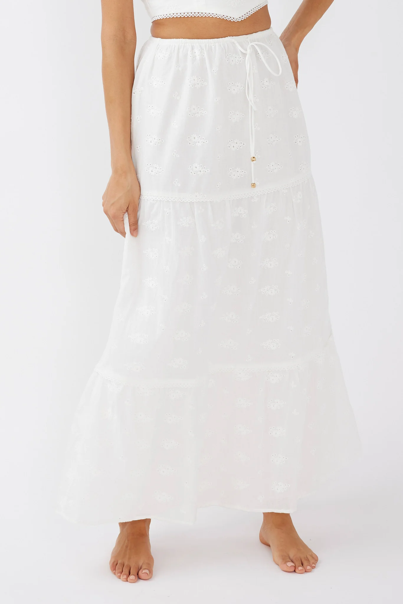 Gracelyn Drawstring Embroidery Maxi Skirt White - Image 3