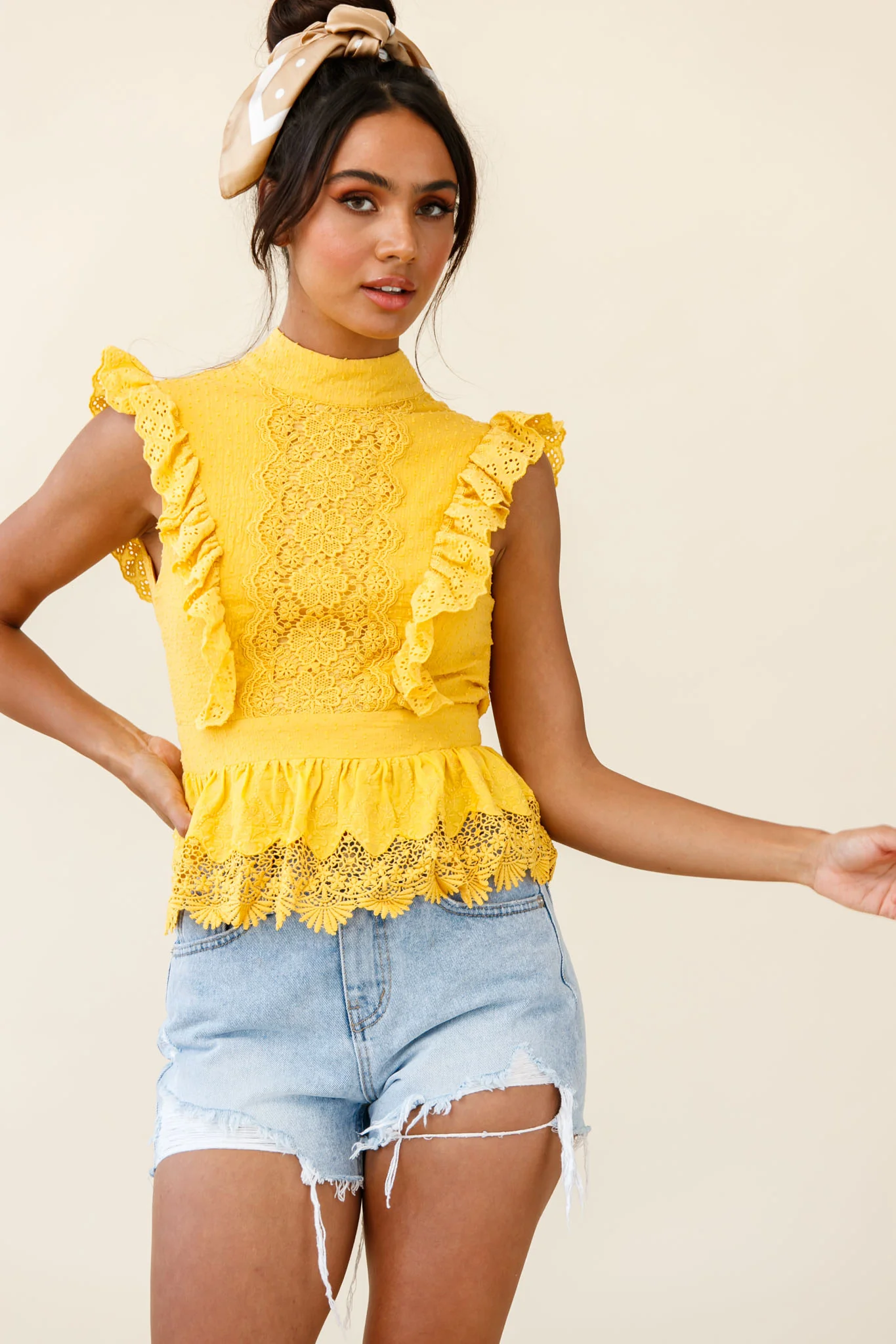 Gracious Sleeveless Open Back Peplum Top Yellow - Image 4