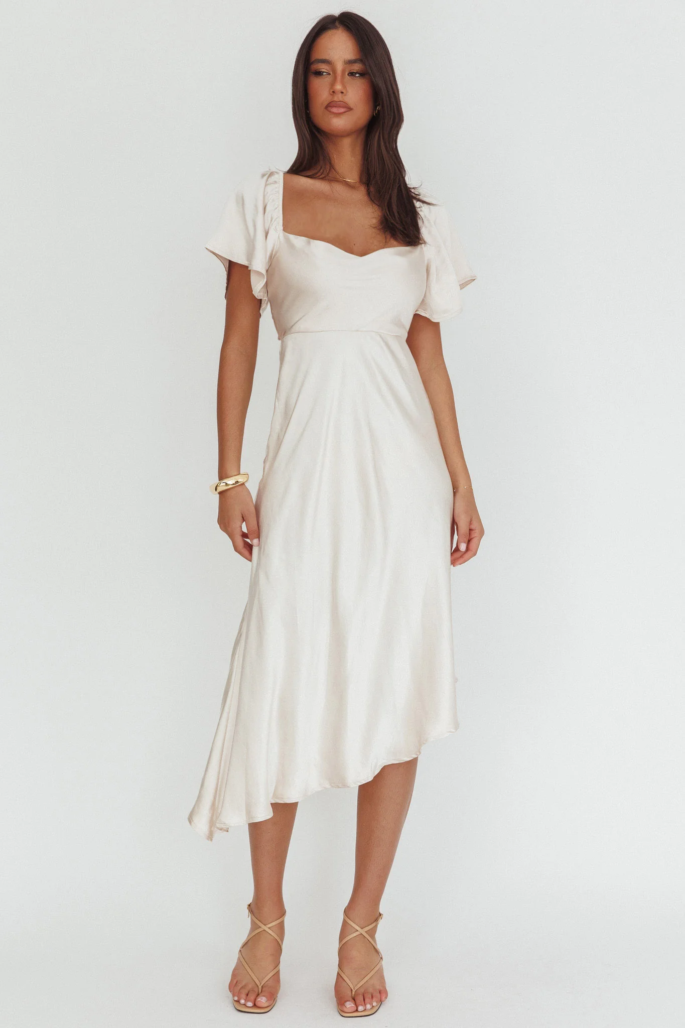 Grayson Tied Back Asymmetrical Midi Dress Champagne - Image 3