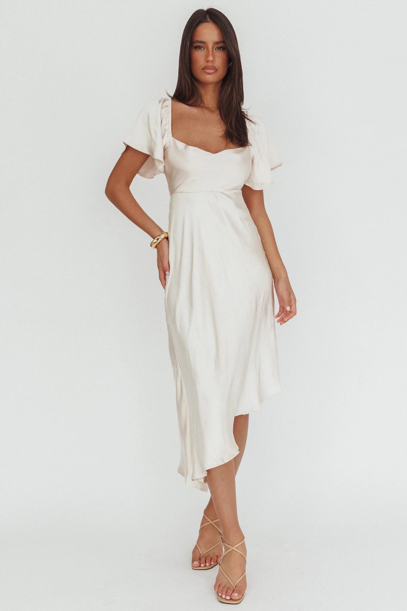 Grayson Tied Back Asymmetrical Midi Dress Champagne - Image 4