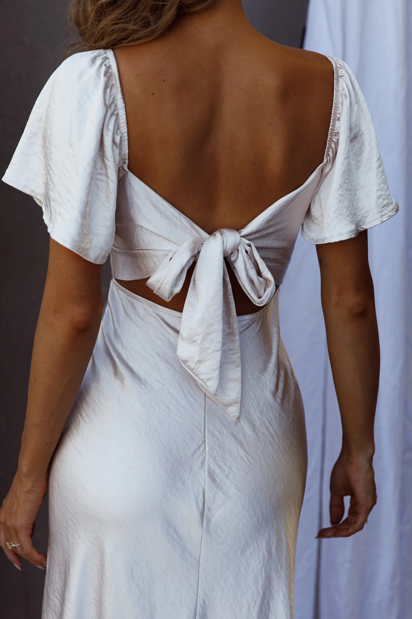 Grayson Tied Back Asymmetrical Midi Dress Champagne - Image 8
