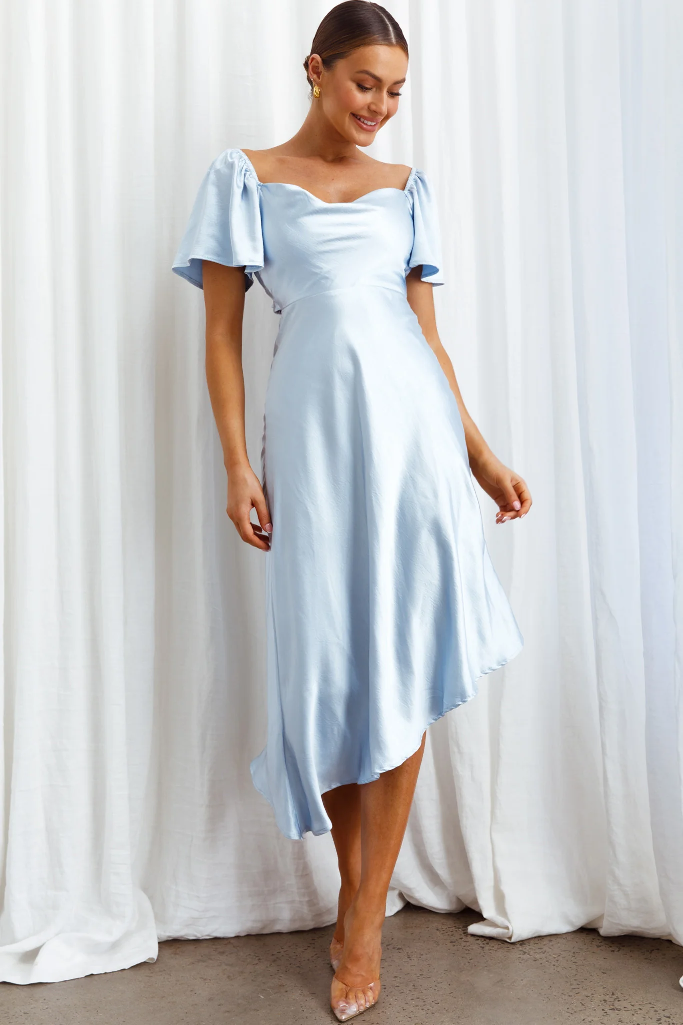 Grayson Tied Back Asymmetrical Midi Dress Steel Blue - Image 6