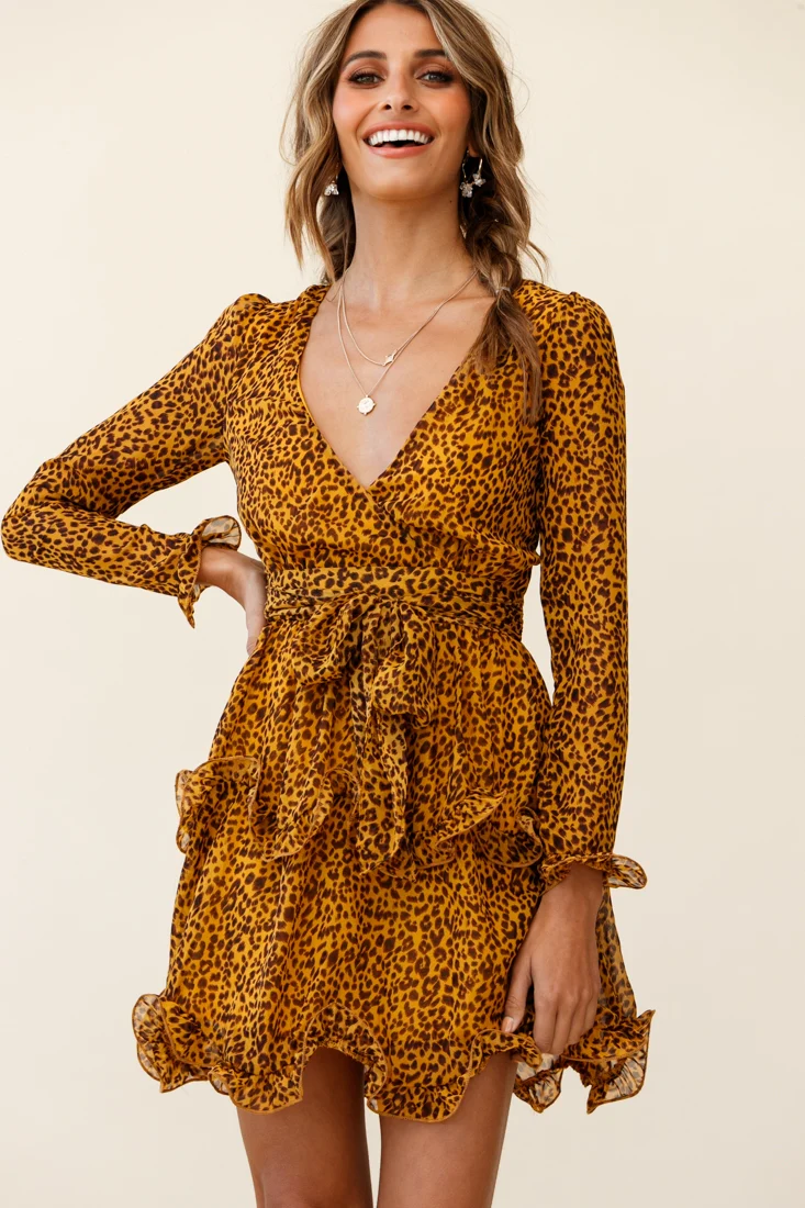 Greta Tiered Ruffle Chiffon Dress Animal Print Mustard - Image 6