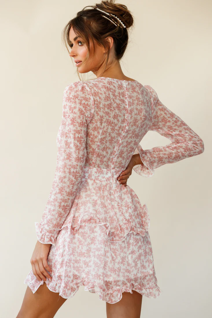 Greta Tiered Ruffle Chiffon Dress Floral Pattern Blush - Image 3