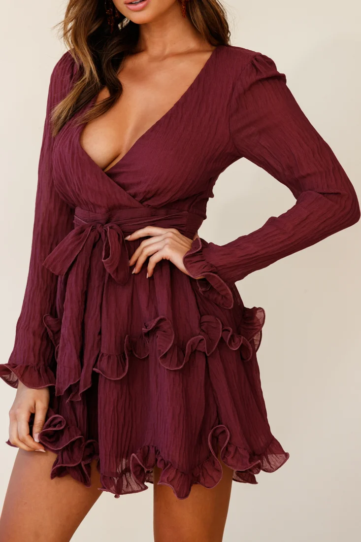 Greta Tiered Ruffle Chiffon Dress Wine - Image 8