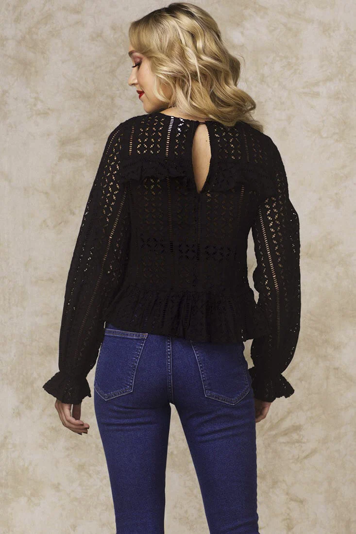Gwendoline Mesh Long Sleeved Ruffled Shirt Black - Image 5