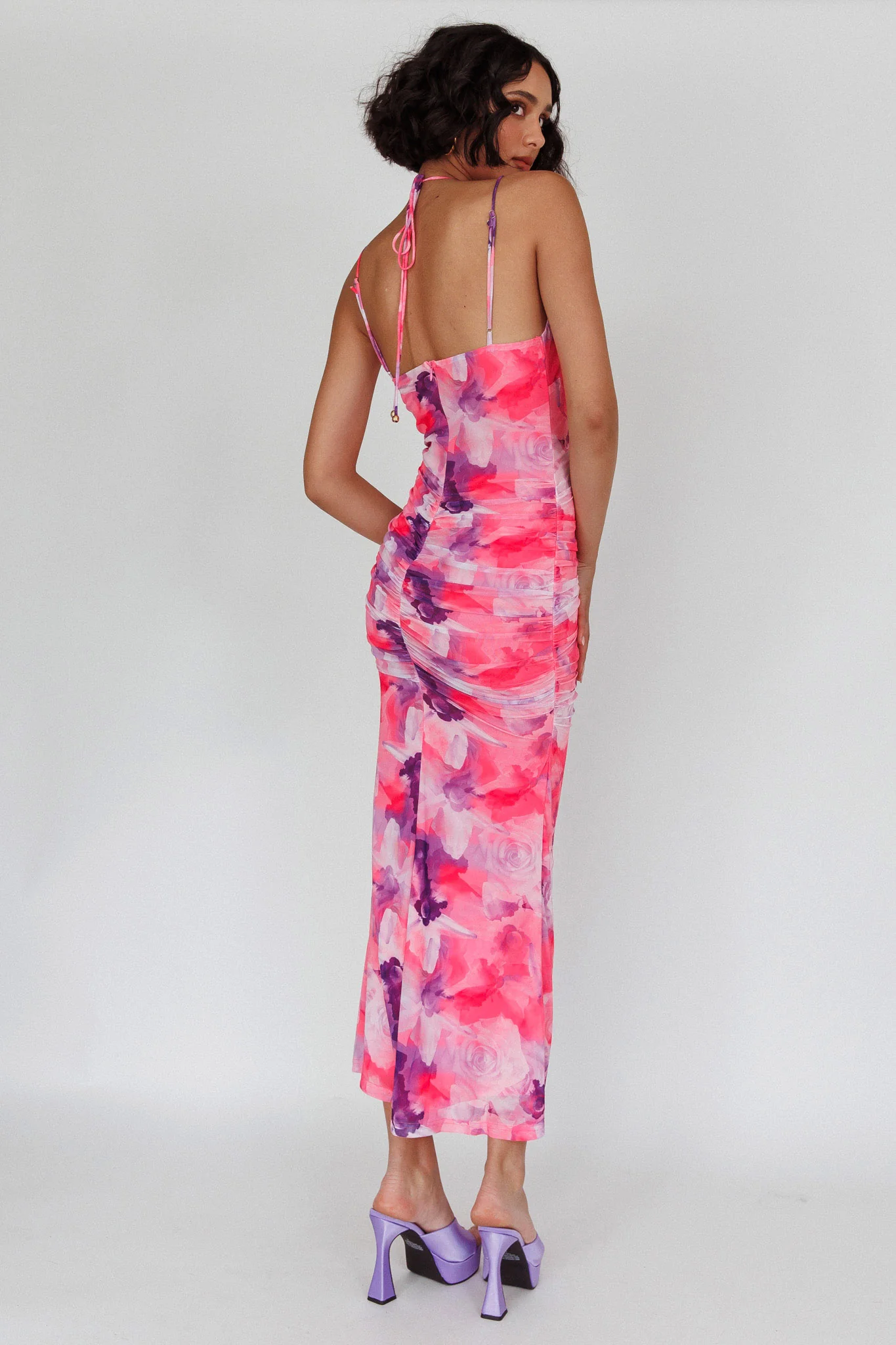 Gypsy Garden Laced Bodice Ruched Midi Dress Pink - Image 2