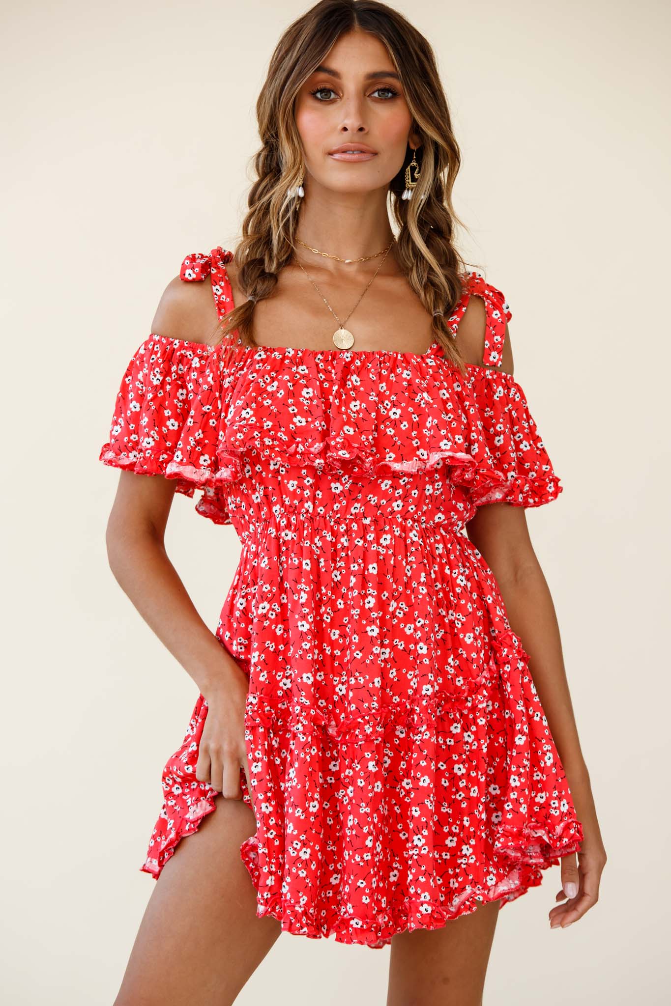 Hacienda Bardot Neckline Frill Dress Floral Print Red - Image 5