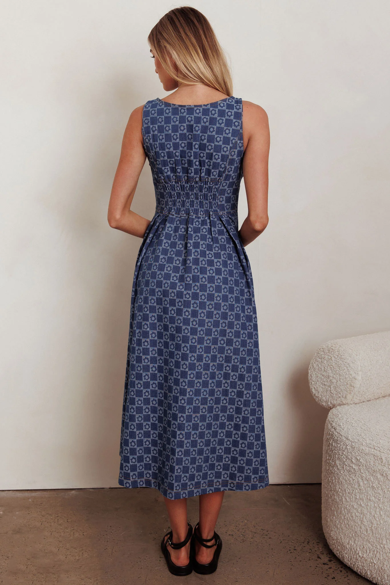 Hair Down Square Neck A-Line Midi Dress Floral Denim - Image 3