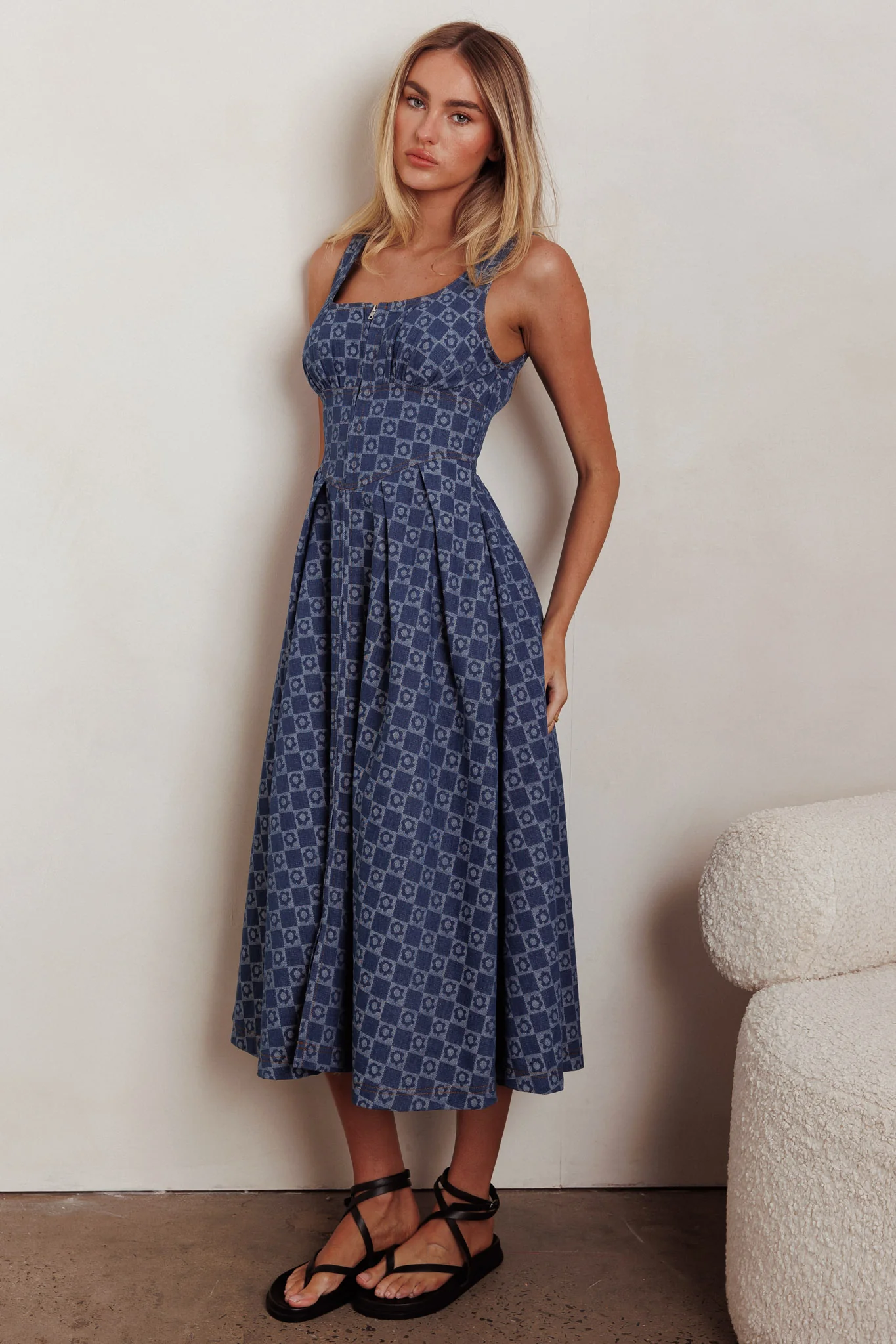 Hair Down Square Neck A-Line Midi Dress Floral Denim - Image 4