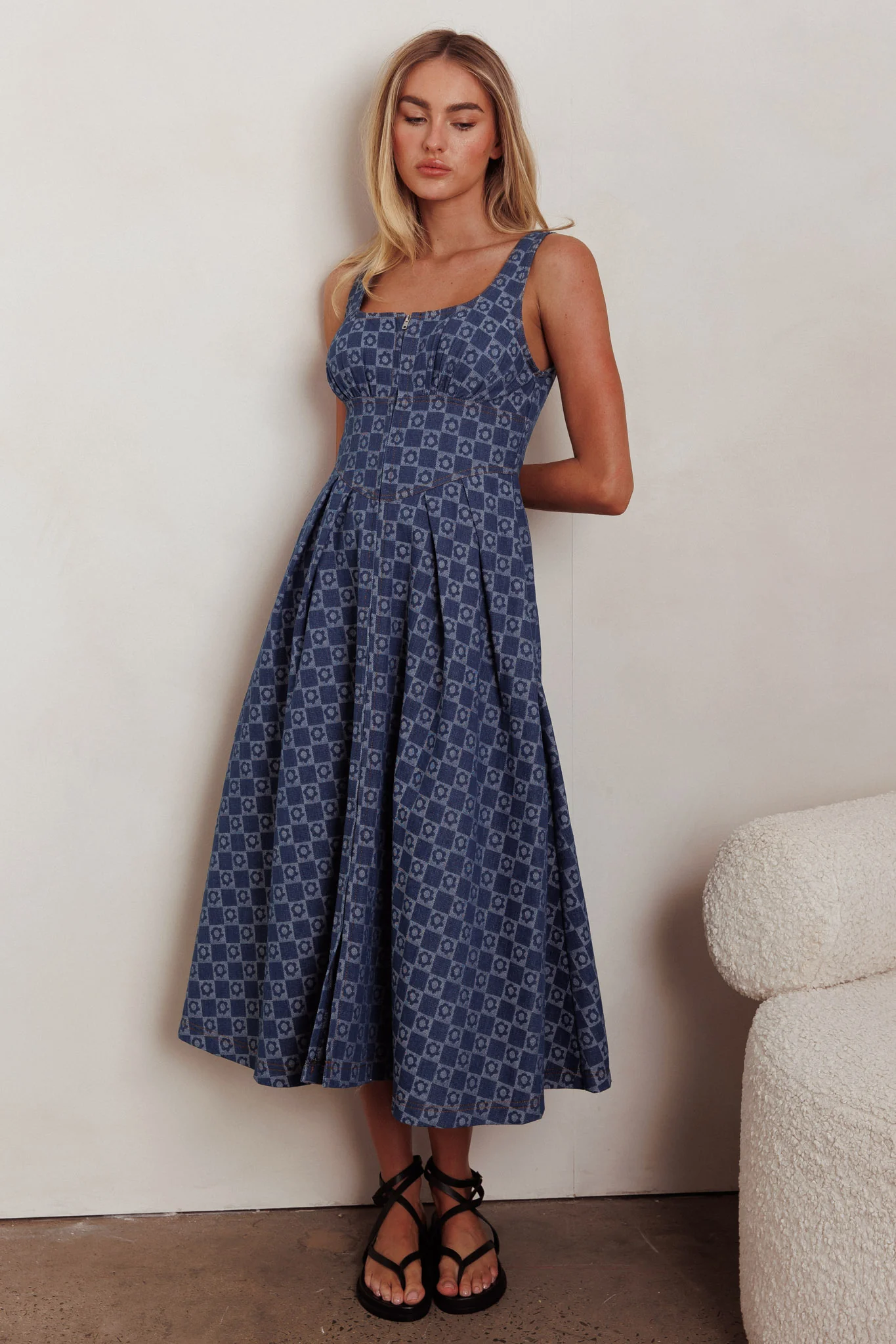 Hair Down Square Neck A-Line Midi Dress Floral Denim - Image 6