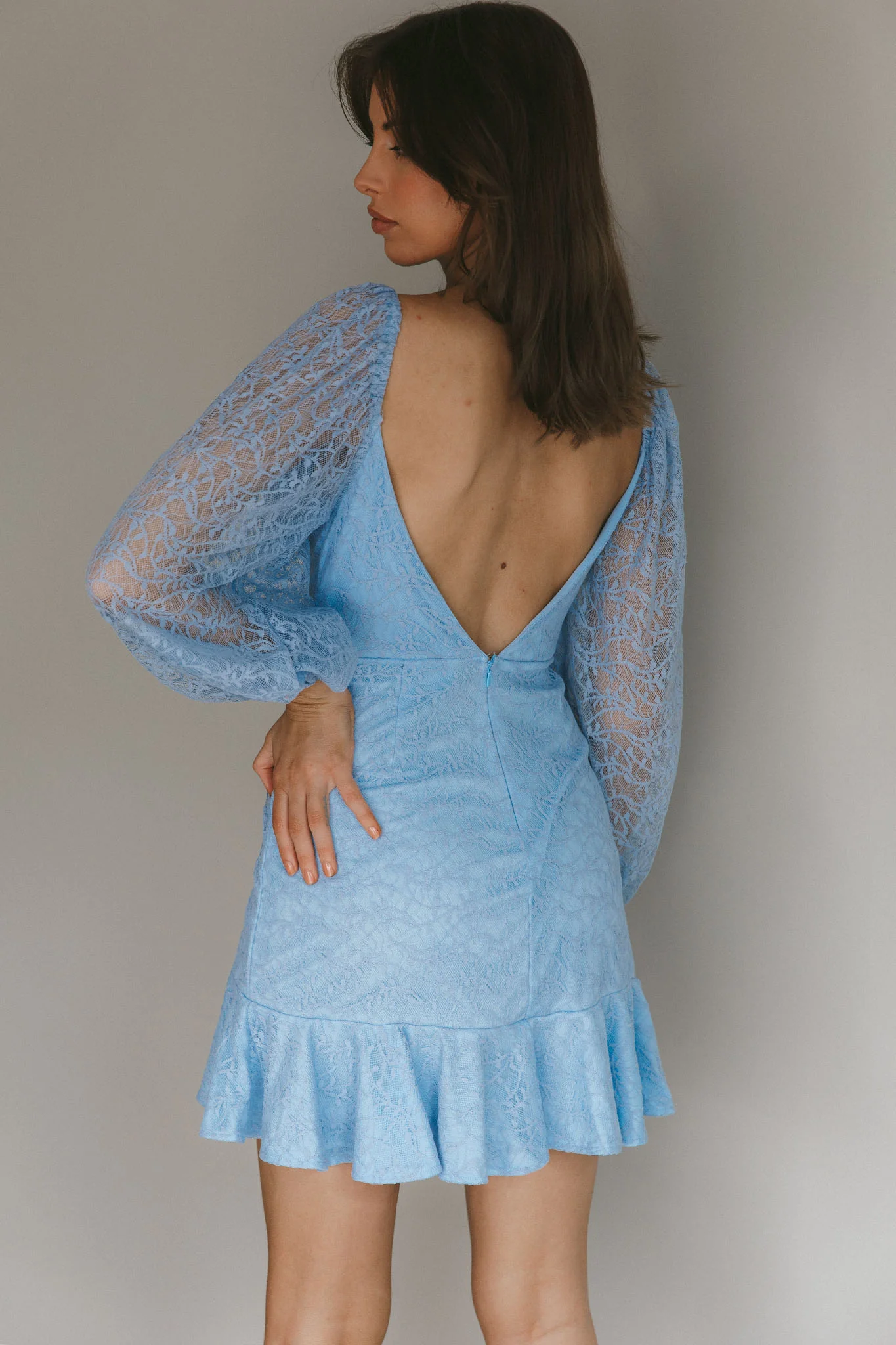 Halley Balloon Sleeve Frill Bust Flounce Hem Lace Dress Baby Blue - Image 2