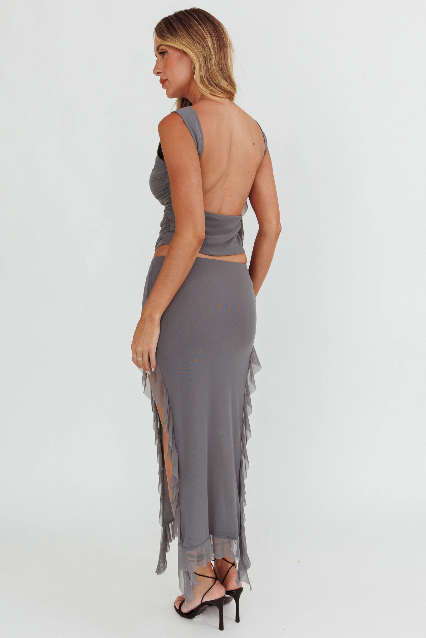Hallucination Side Split Ruffle Midi Skirt Cement - Image 4