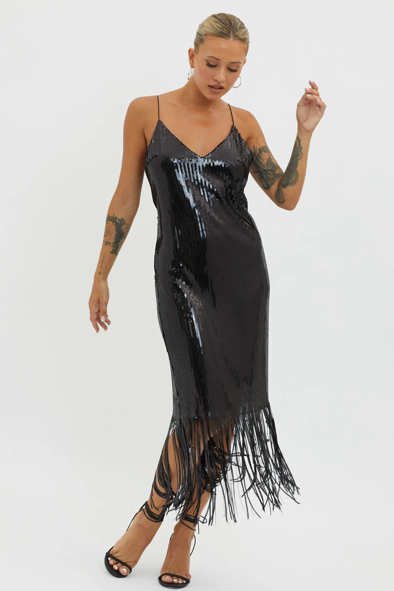 Halo Moon Sequin Fringe Midi Dress Black - Image 5