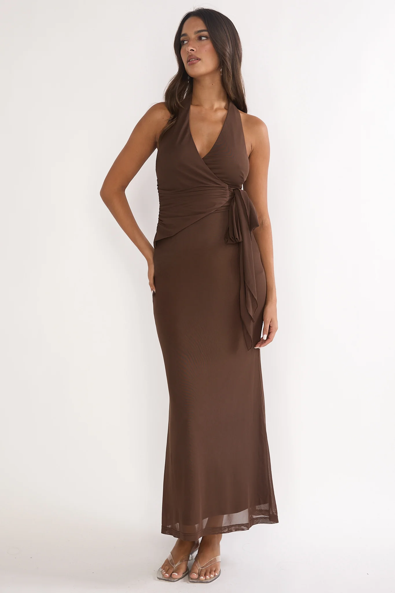 Halo Moon Wrap Front Halter Maxi Dress Chocolate - Image 4
