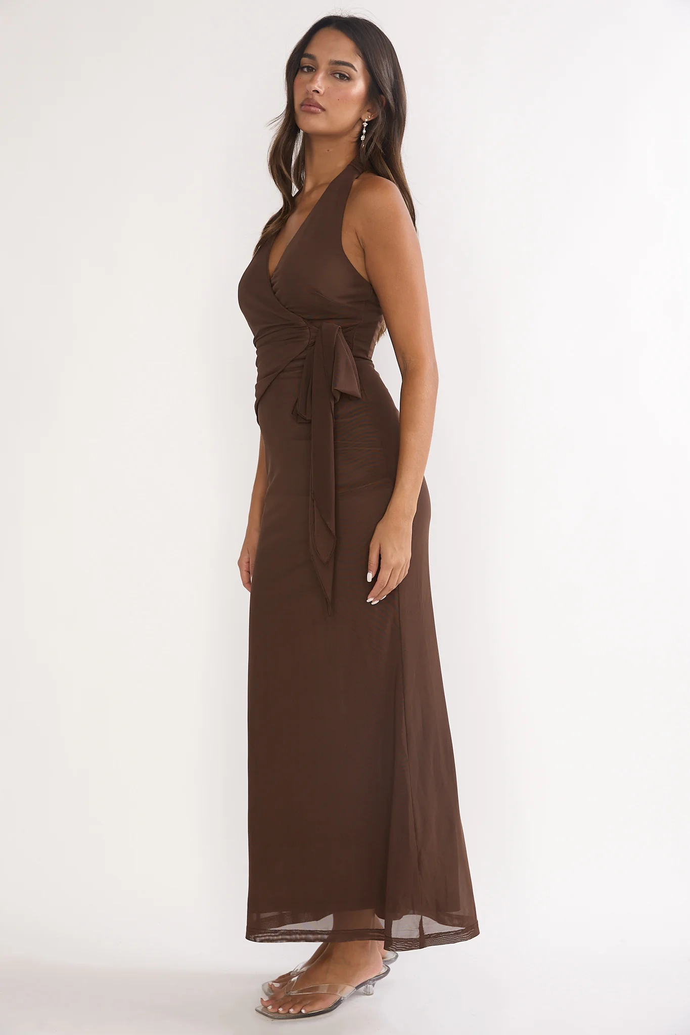 Halo Moon Wrap Front Halter Maxi Dress Chocolate - Image 6