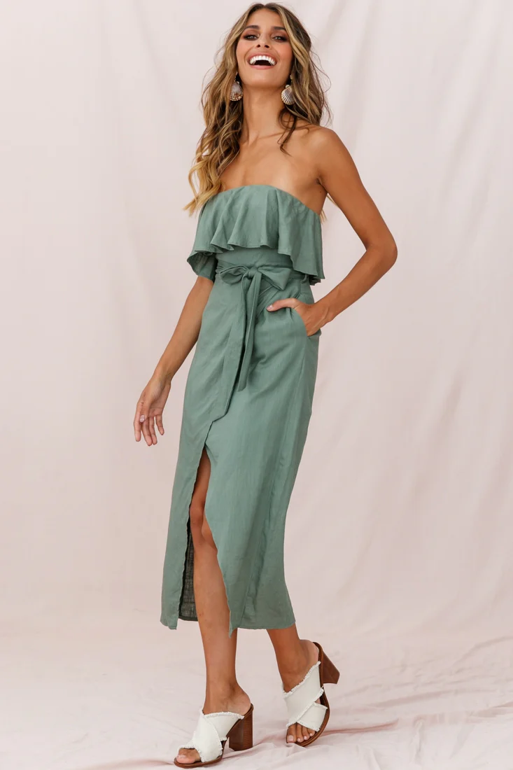Hamilton Bandeau Ruffle Midi Dress Olive - Image 2