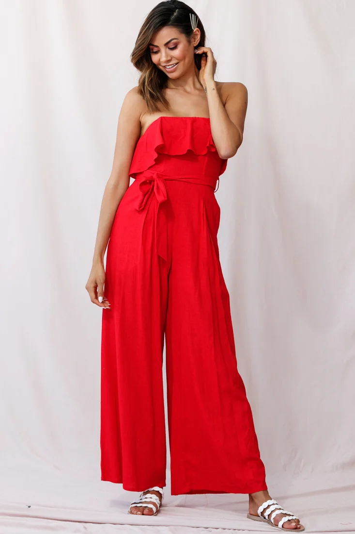 Hamilton Bandeau Ruffle Wide Leg Jumpsuit Red - Image 5