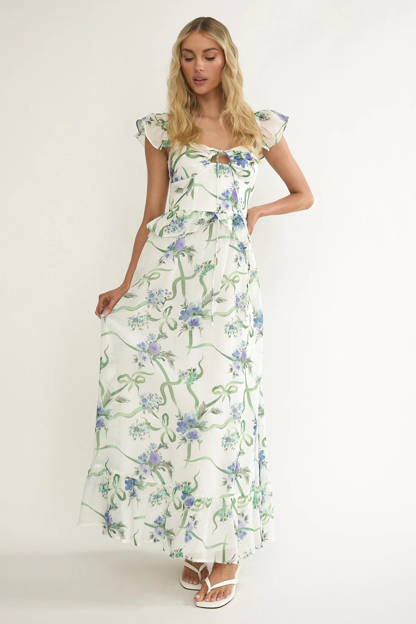 Hanalei Off-Shoulder Tied Bust Maxi Dress Floral White - Image 5