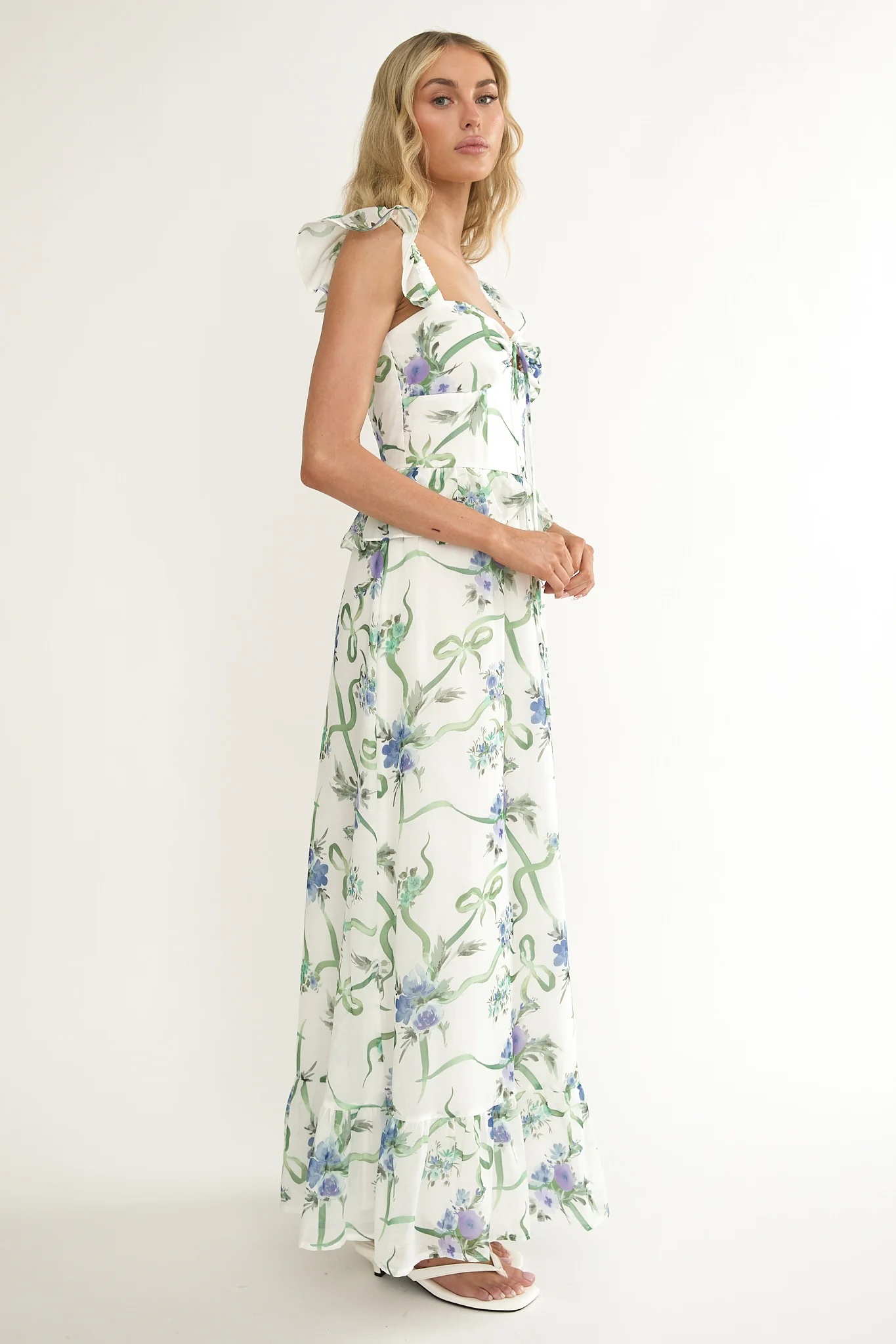 Hanalei Off-Shoulder Tied Bust Maxi Dress Floral White - Image 6