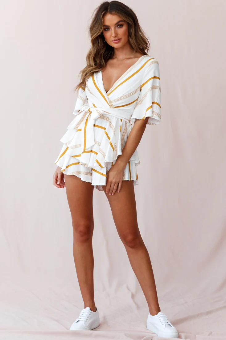 Happy Hour Deep V-Neckline Open Back Romper Stripe Print Mustard - Image 3