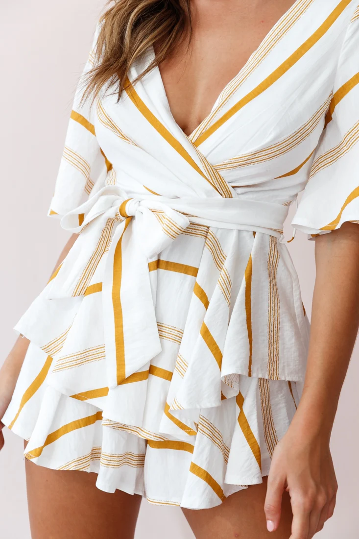 Happy Hour Deep V-Neckline Open Back Romper Stripe Print Mustard - Image 5