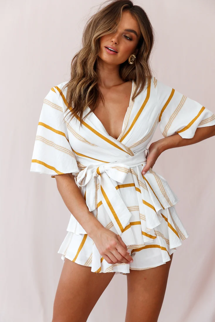Happy Hour Deep V-Neckline Open Back Romper Stripe Print Mustard - Image 7