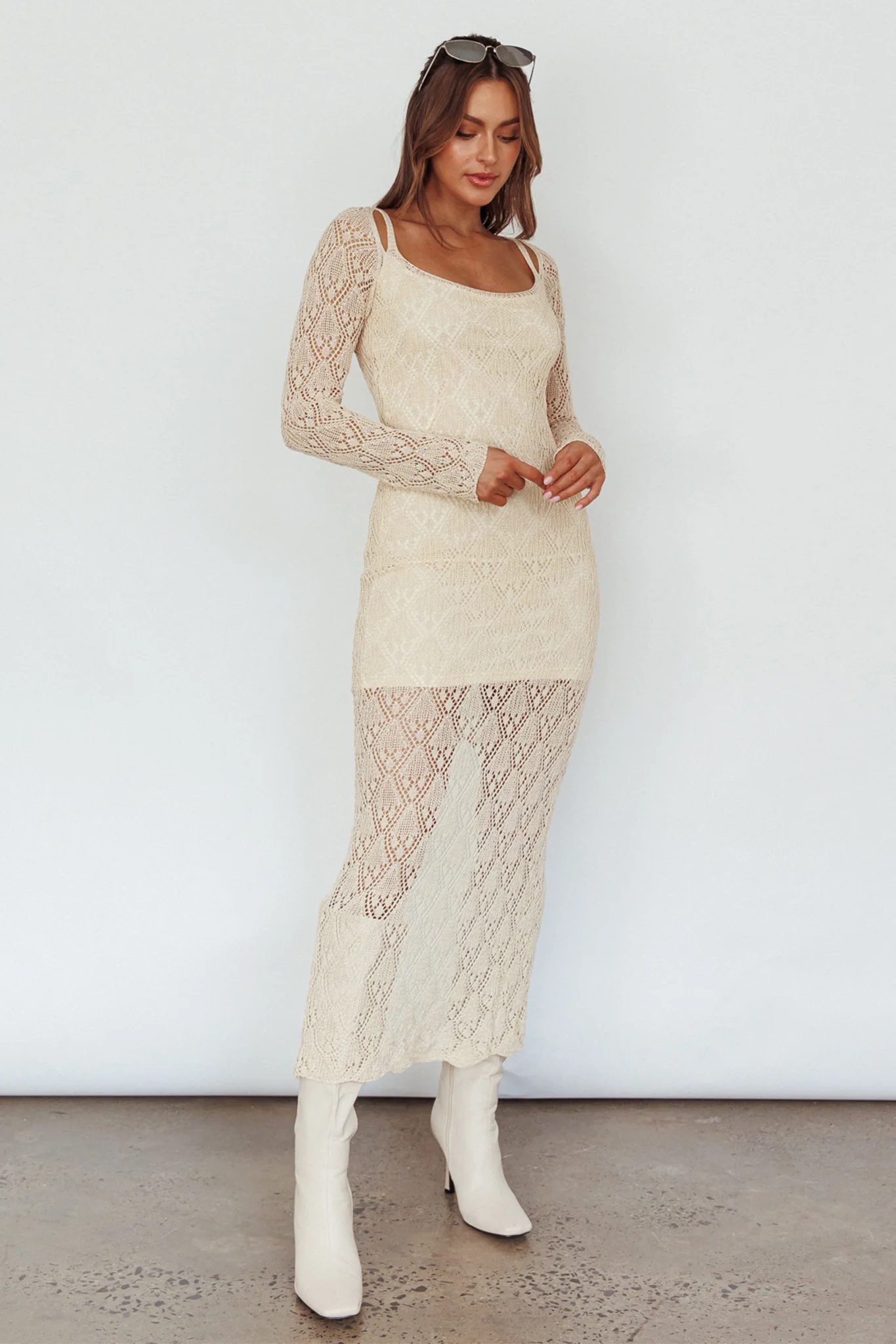 Happy Place Long Sleeve Crochet Midi Dress Beige - Image 5