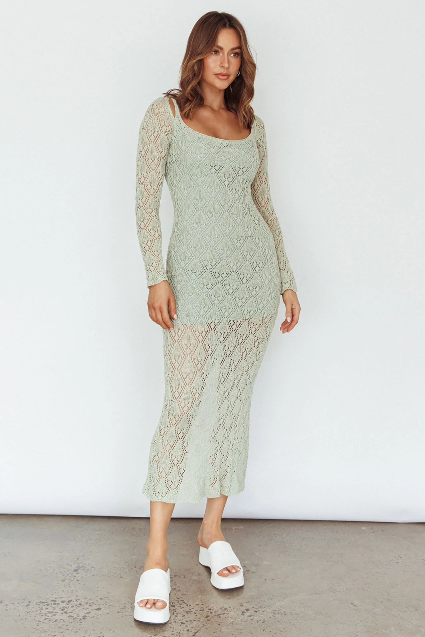 Happy Place Long Sleeve Crochet Midi Dress Sage - Image 3