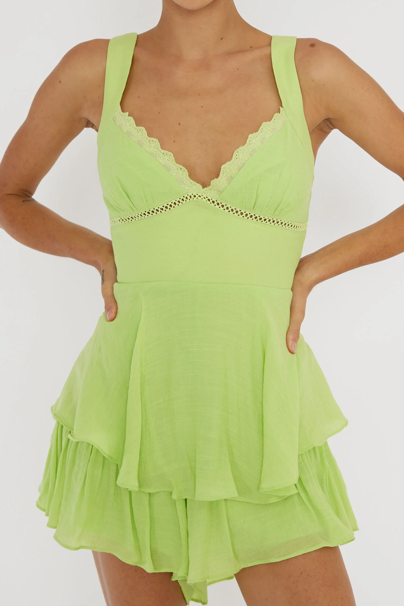 Hard To Catch Lace-Up Back Romper Green - Image 5