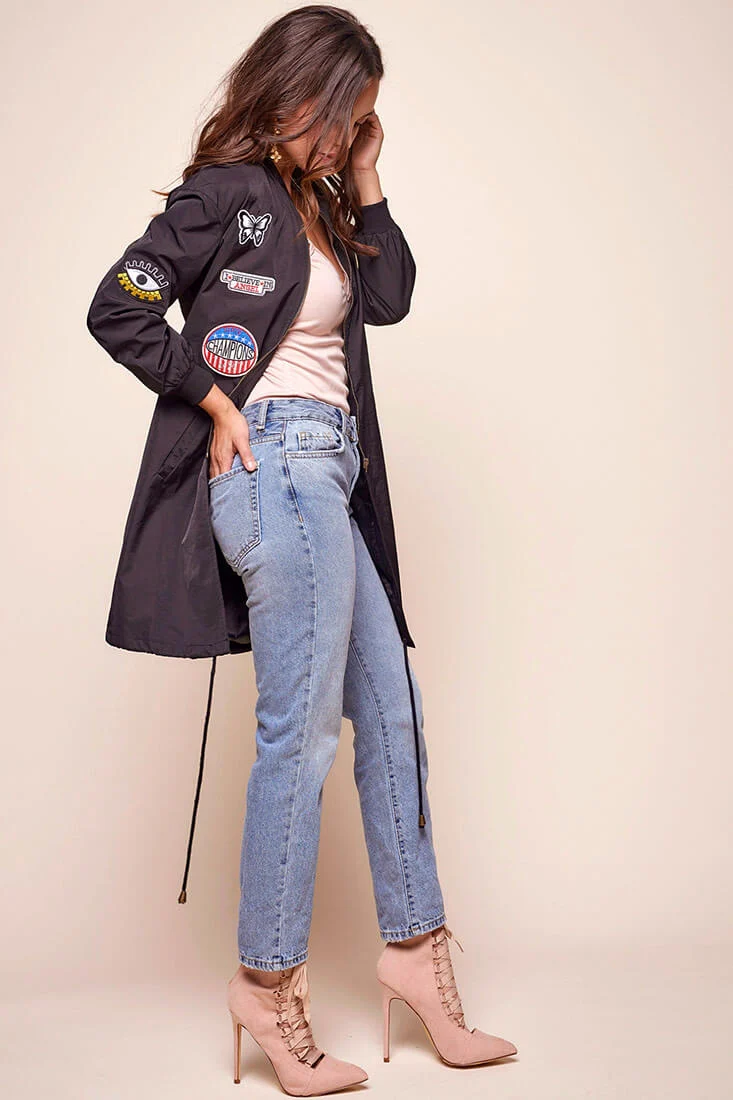 Harlan Long Patchwork Bomber Jacket Black - Image 4