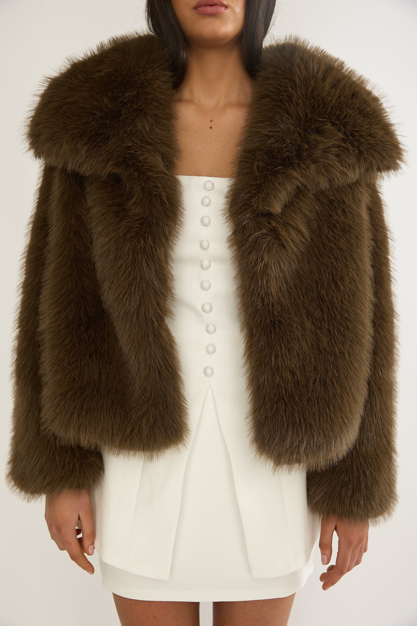 Harlequinn Oversized Lapel Faux Fur Jacket Coffee - Image 3