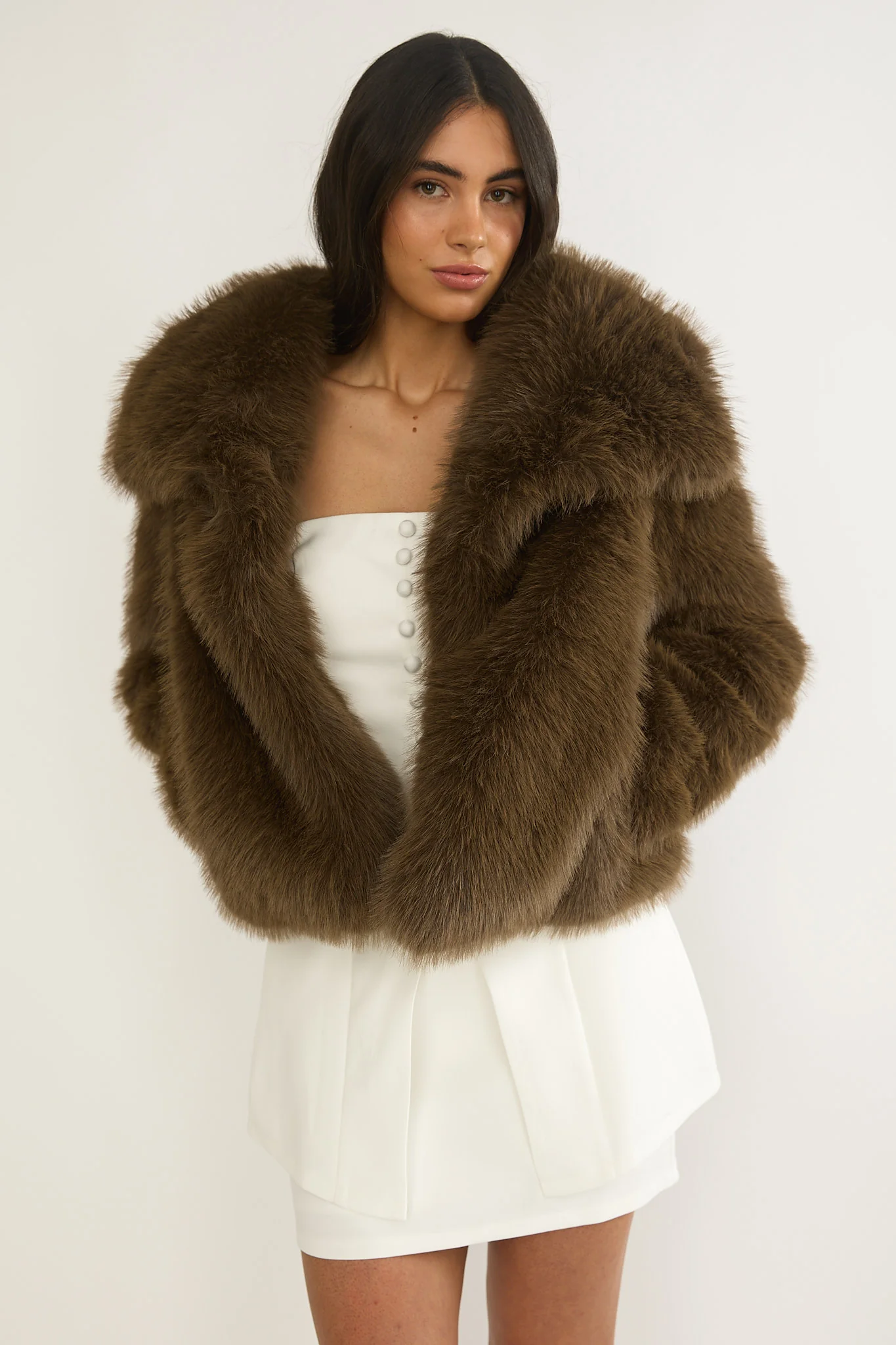 Harlequinn Oversized Lapel Faux Fur Jacket Coffee - Image 5