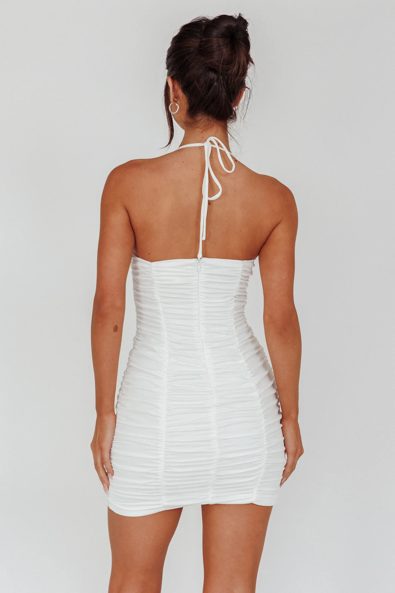 Harli Ruched Drawstring Keyhole Mini Dress White - Image 2