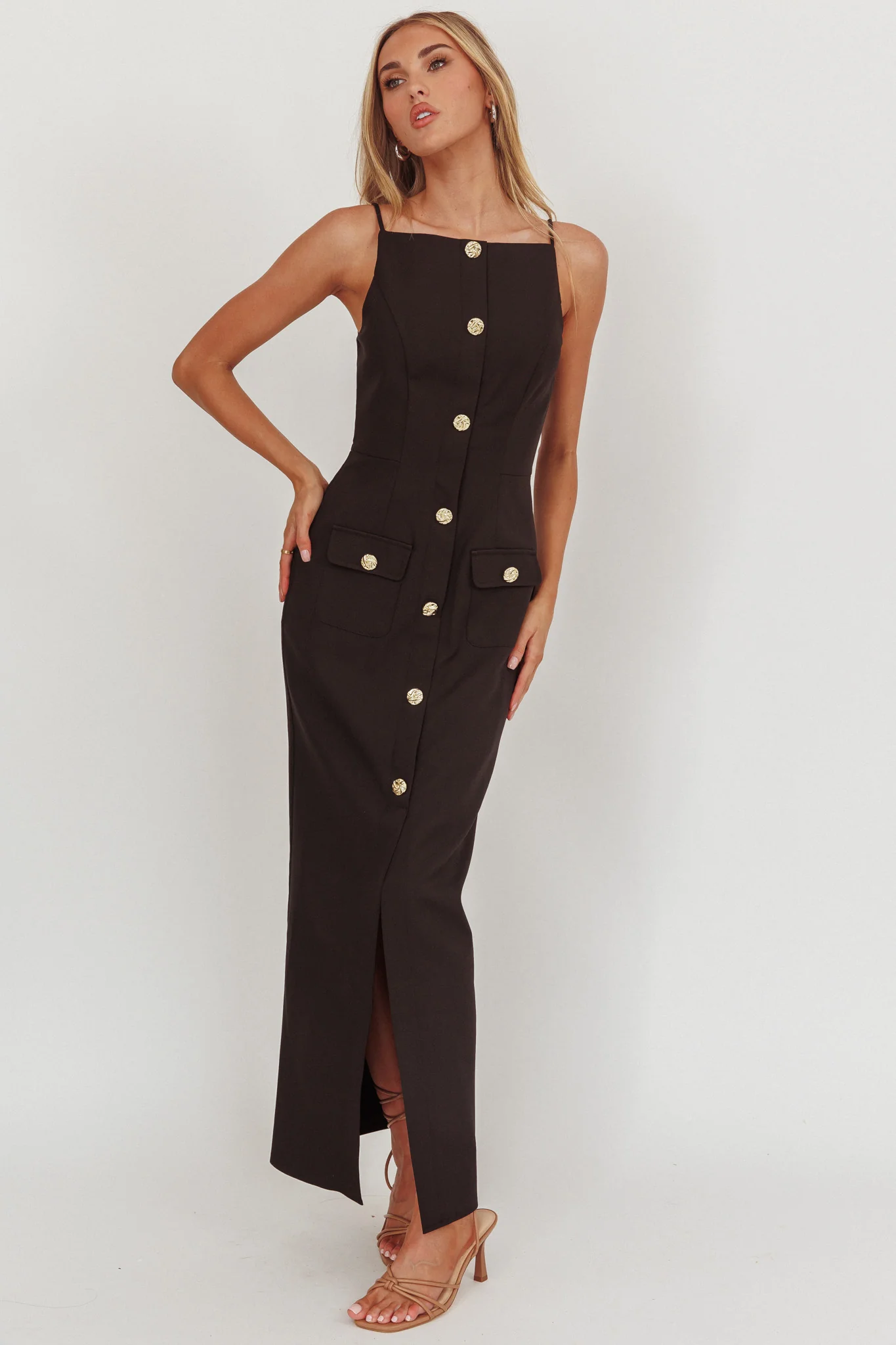 Harlin Button Decoration Maxi Dress Black - Image 5
