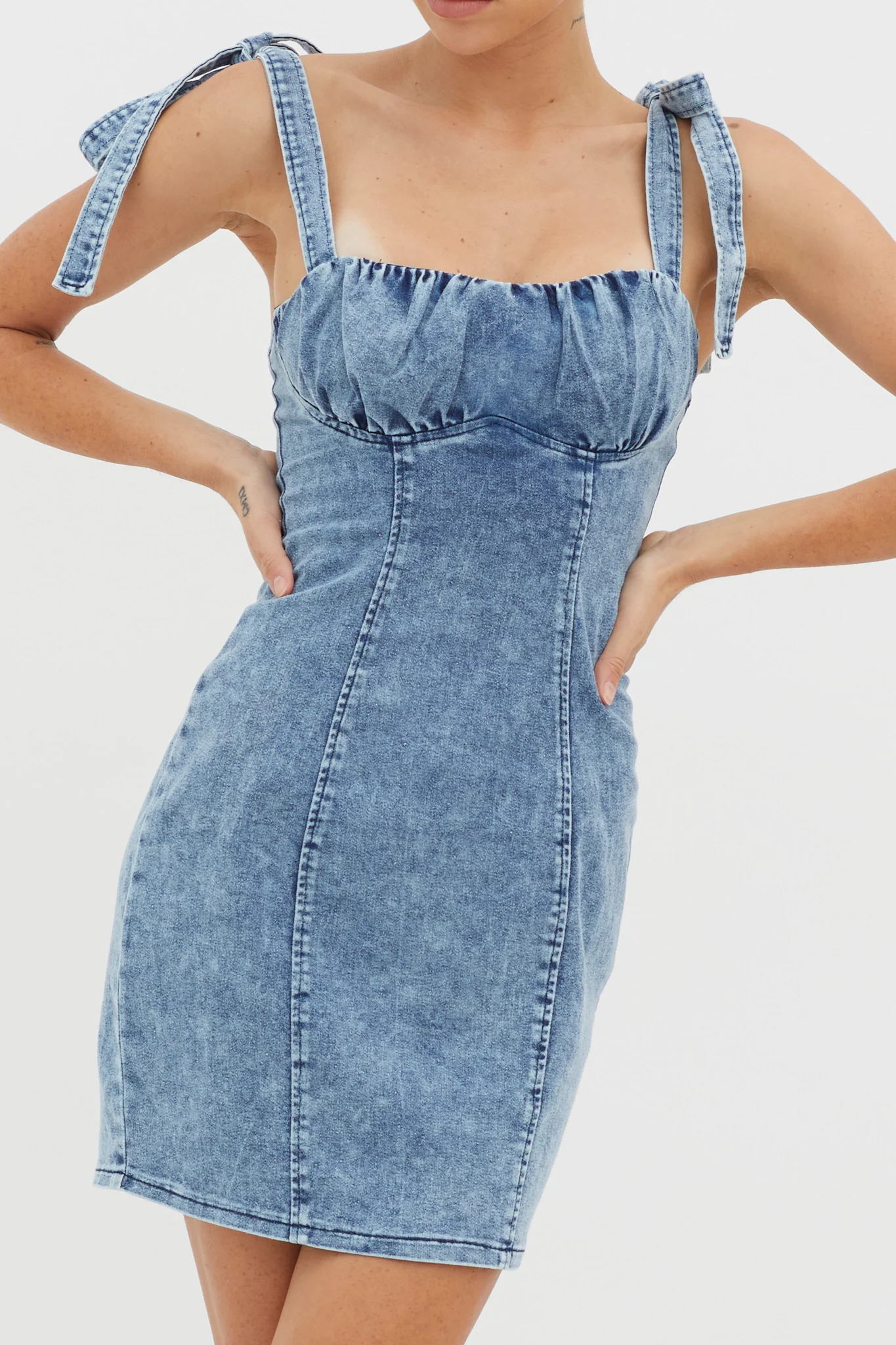 Harrison Tied Shoulder Mini Dress Denim Blue - Image 4