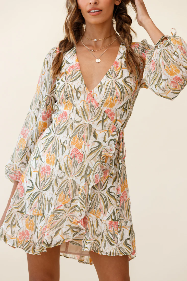 Hartley Balloon Sleeve Wrap Dress Floral Print Green - Image 4