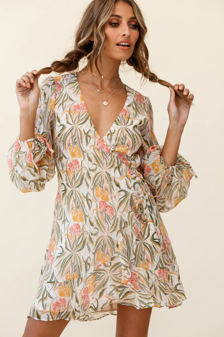 Hartley Balloon Sleeve Wrap Dress Floral Print Green - Image 5